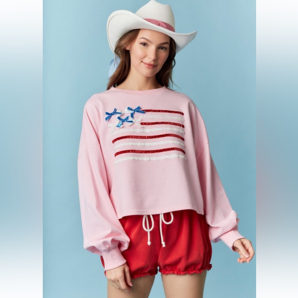 921. Flag design sparkle crewneck sweatshirt in pink